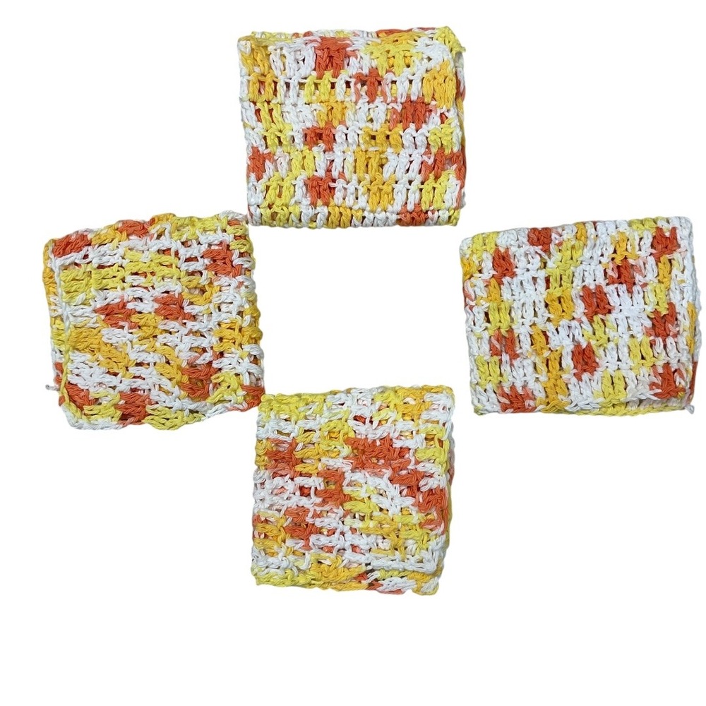 Set of Four Handmade Crochet Dishhcloths Cotton Multi-Color Kitchen Spa‎